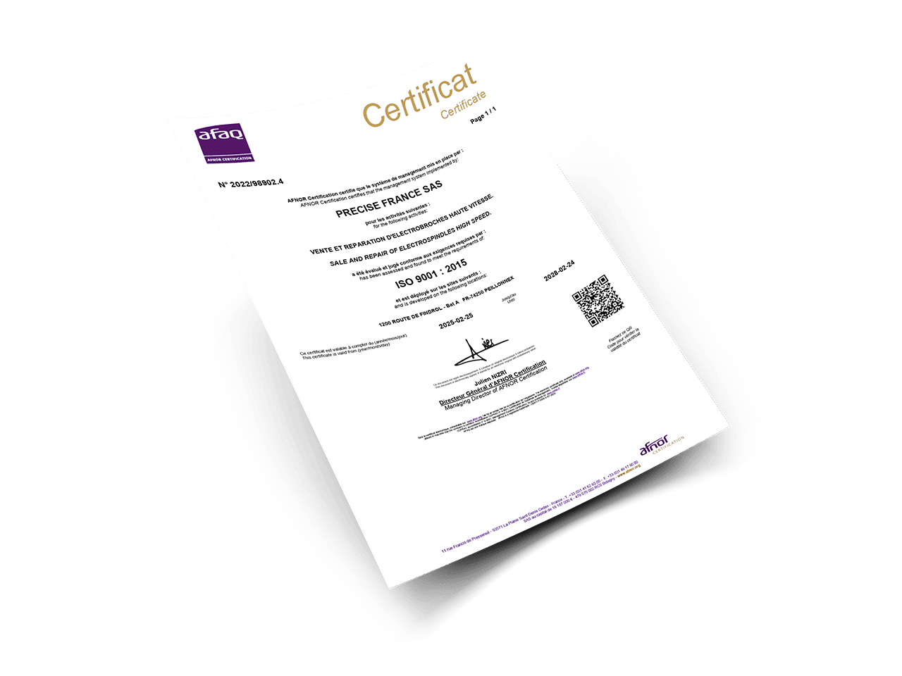 Certificat ISO 9001 - PRECISE France - 2025-2028